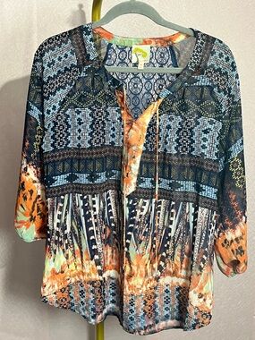 fig and flower Navy Tunic with Blue and Orange Pattern